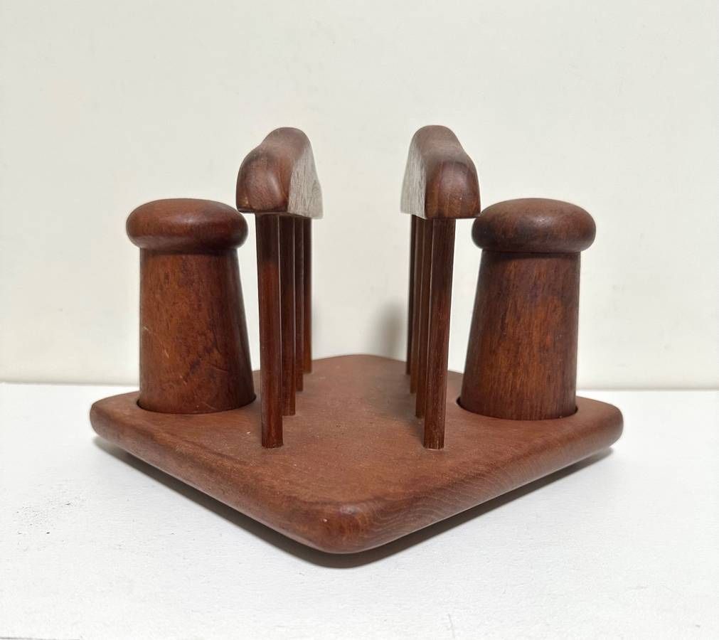 Vintage MCM Teak Wood Napkin Holder And Salt & Pepper Shakers Set