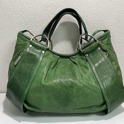 Kooba ~ Green Genuine Leather Tote Bag w/ Silver Tone Hardware ~ 15" x 11" x 3"