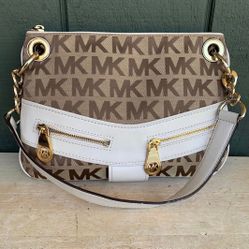Michael Kors signature brown canvas w/ white leather shoulder bag