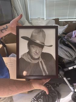 Cowboy hat, glass mini mug, John Wayne picture