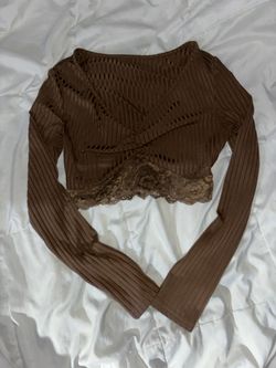Brown Sinched V Neck Lace Top