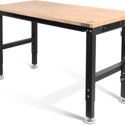WORKPRO 48" Adjustable Workbench, Rubber Wood Top Heavy-Duty Workstation, 2000 LBS Load Capacity Hardwood Worktable with Power Outlets, f