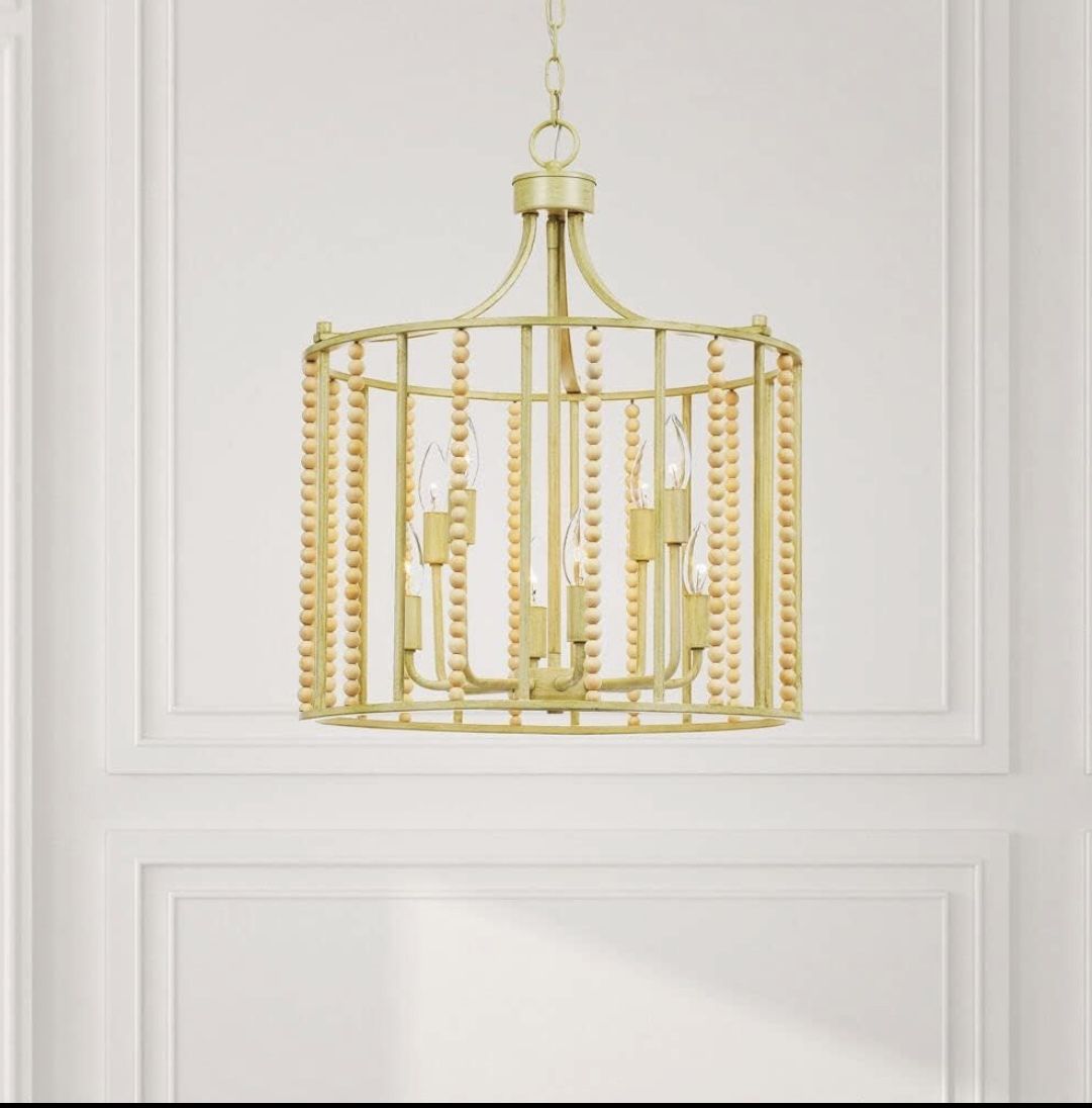 New 19” W 8-Light Chandelier Antique Cream Metal Finish and Natural Wood Beading Adjustable Height