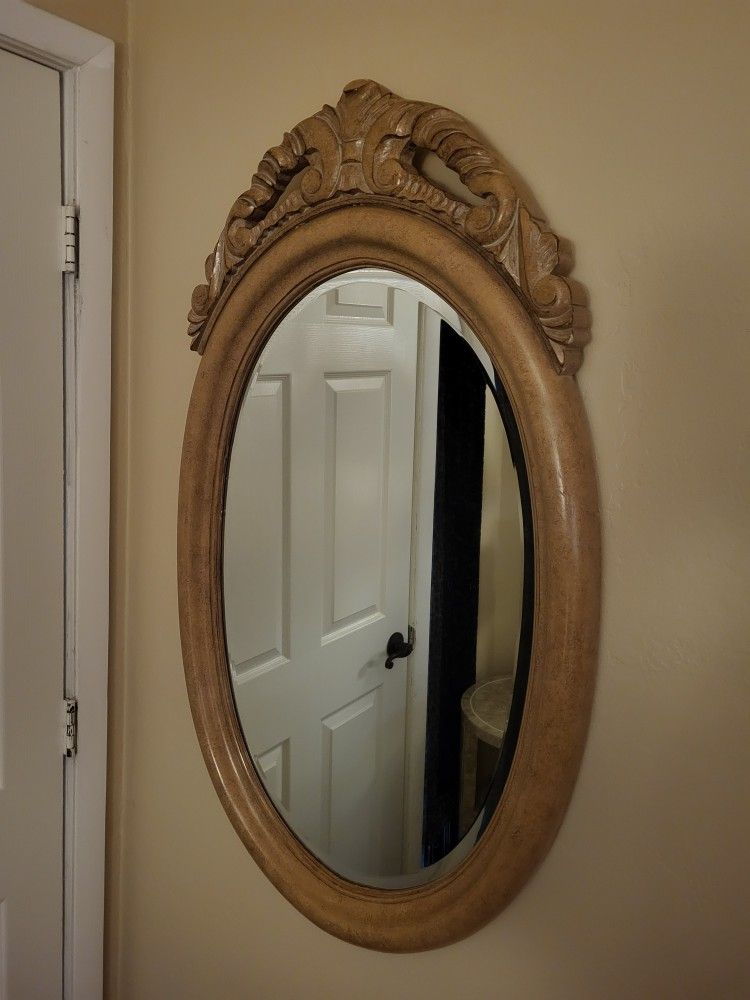 Kreiss Furniture Carlton Wood Carved Oval Mirror W/ Bevel, Finish English Toffee W/wash Highlights