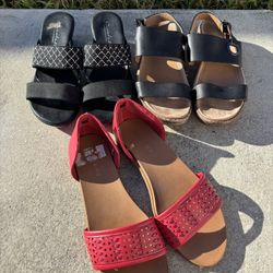 Lot of 3 Women's Flats Low Heel Slip On Sandal Strap Brown Black Red Sz 9 Shoes