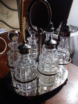 Condiment/cruet set crystal vinegar & oil bottles silver plate tops