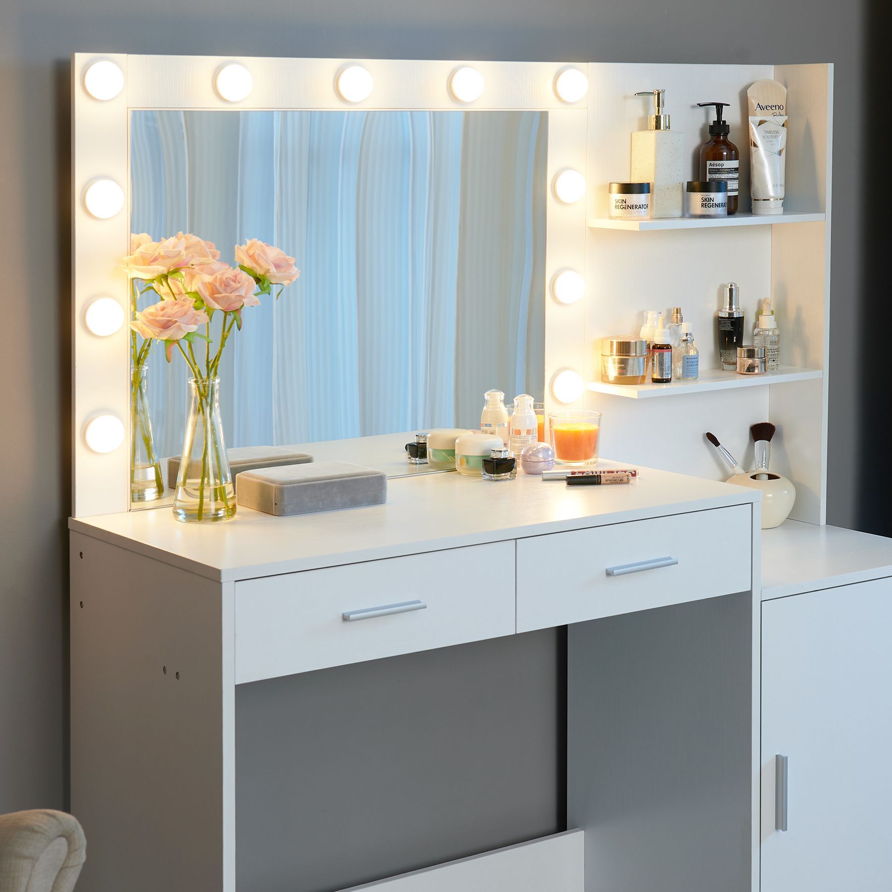 Vanity Desk with Mirror and Lights, 46.4IN Dressing Table with 2 Large Drawer&Large Vertical Organizer, 3 Level Dresser & 3 Lighting Modes Adjustable 