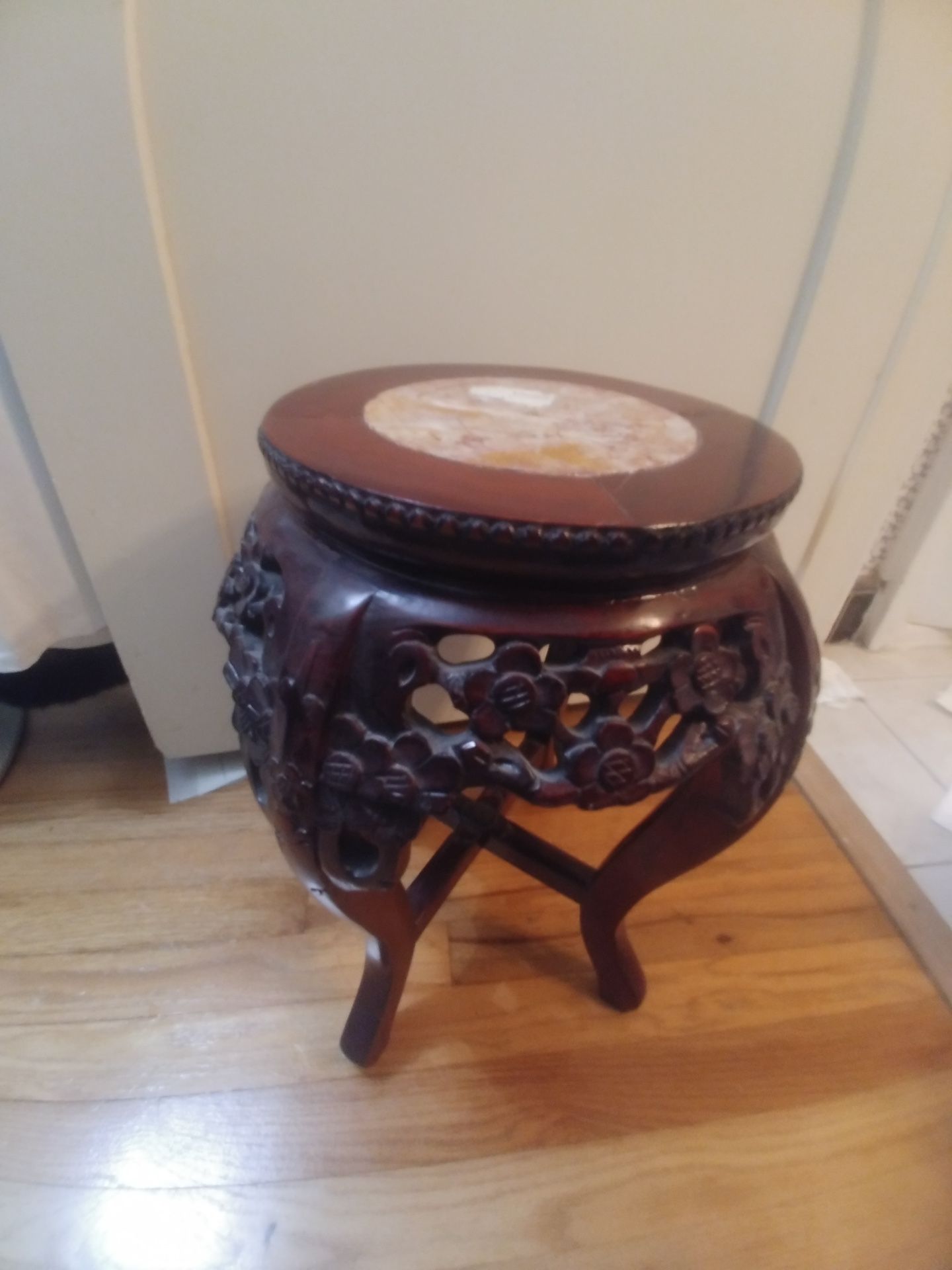 Carved Wooden Plant Stand Or Stool/Marble Top
