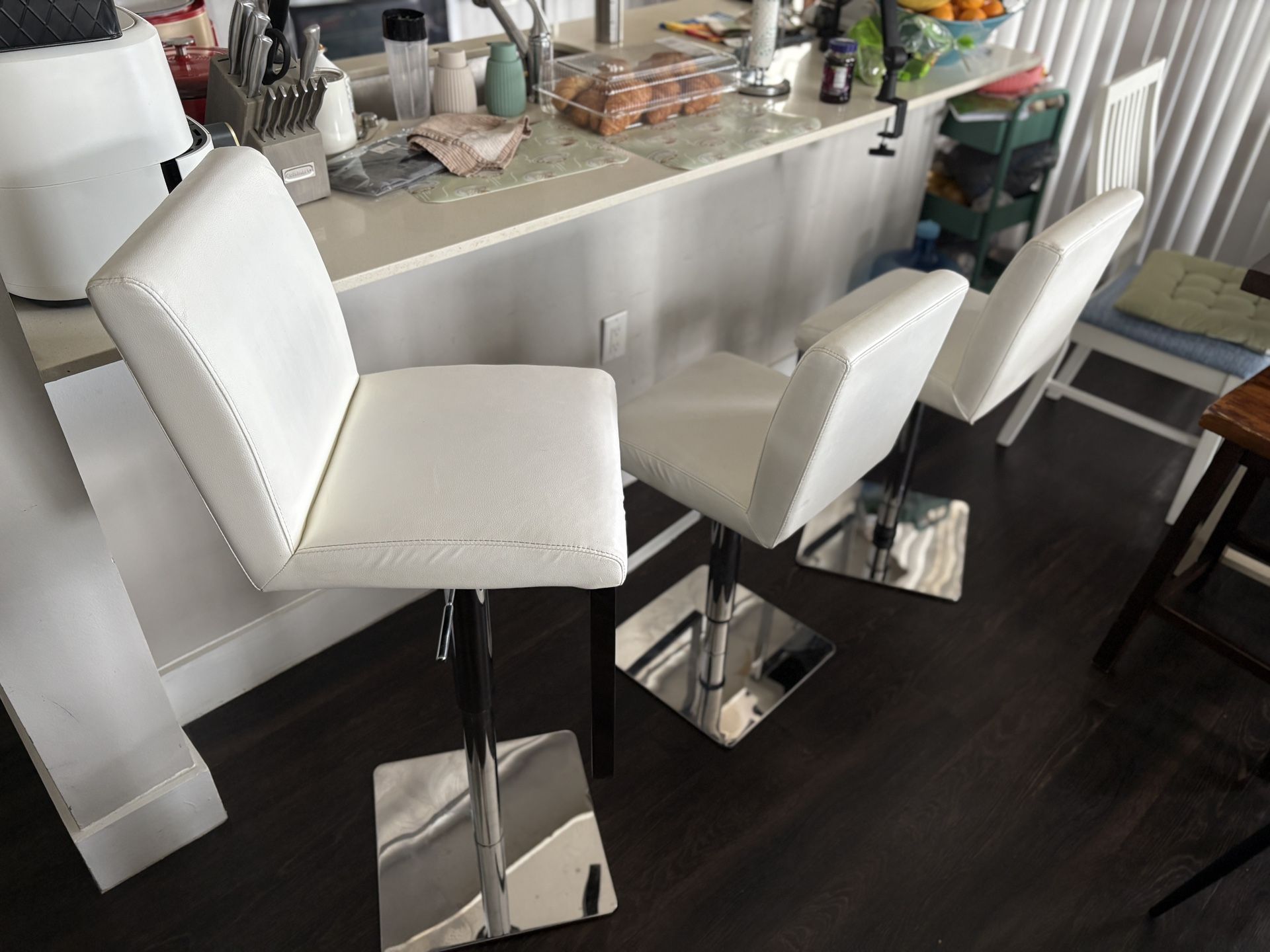 Set of 3 Modern White Adjustable Bar Stools