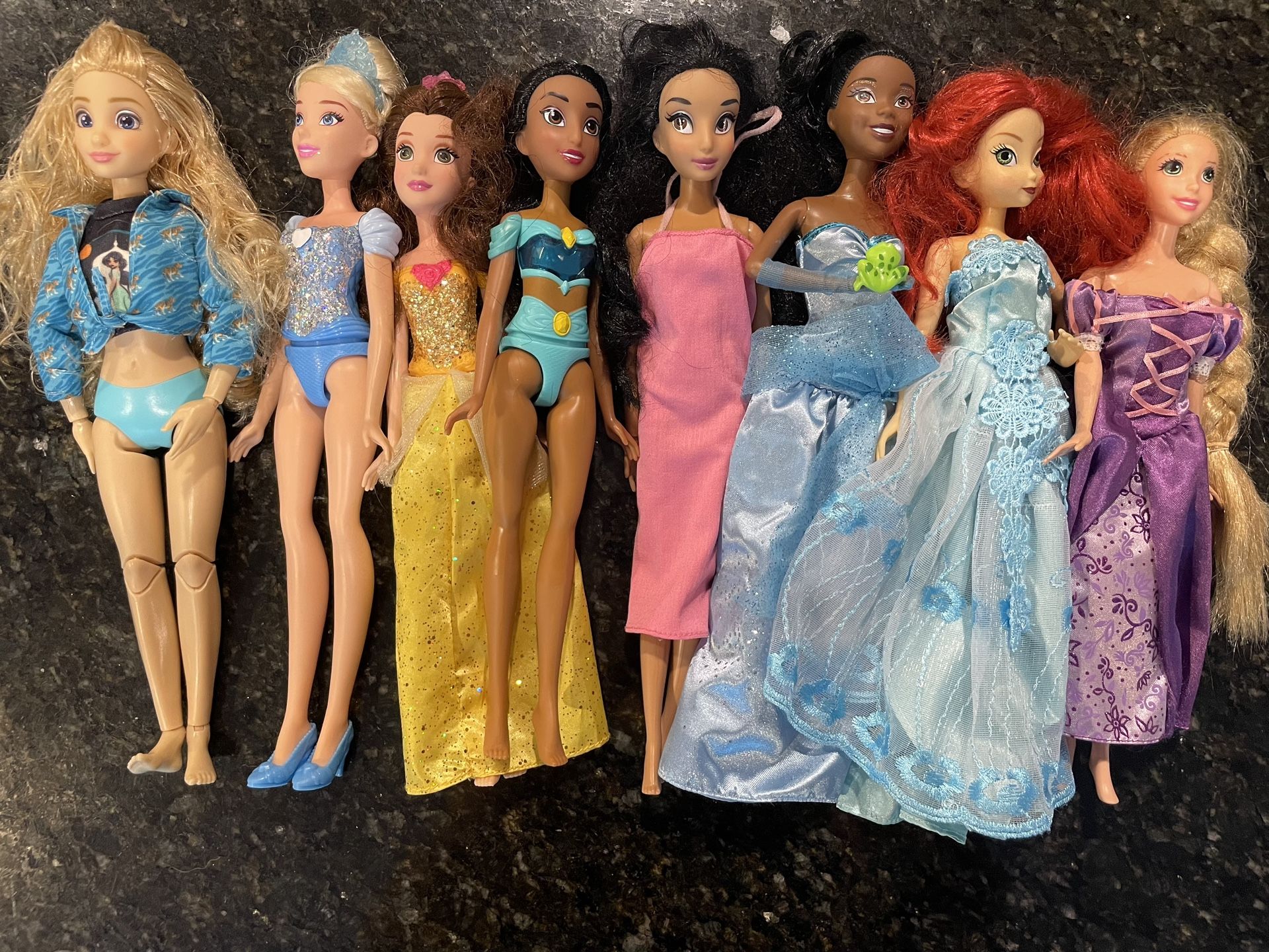 Disney Princess Barbie Doll Lot of 8 Ariel, Tiana, Rapunzel, Jasmine, Pocahontas