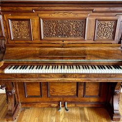 ANTIQUE SCHOMACKER GOLDSTRING UPRIGHT PIANO APRIL 2, 1878, BOOKMATCHED WALNUT