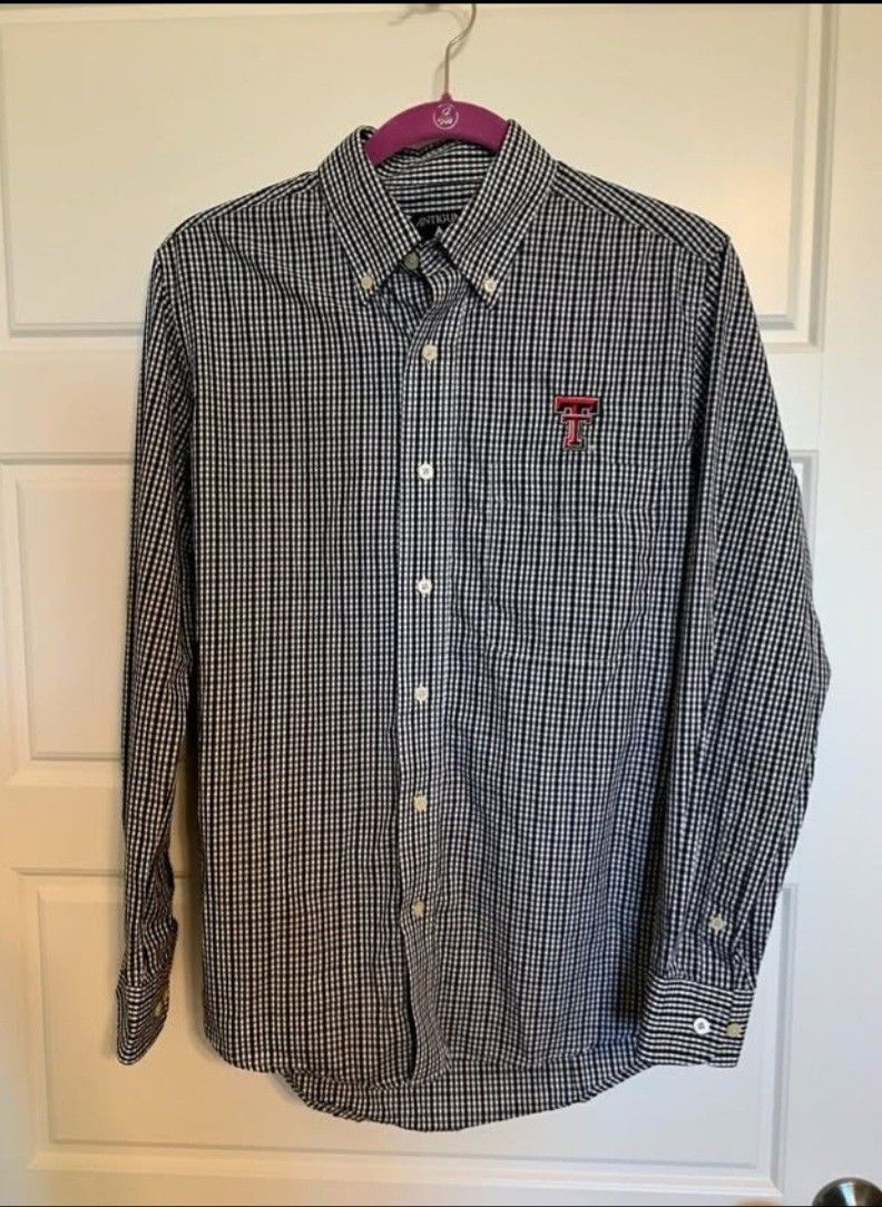 Texas Tech Red Raiders Shirt Men's S Black White Plaid Embroidered Button Up