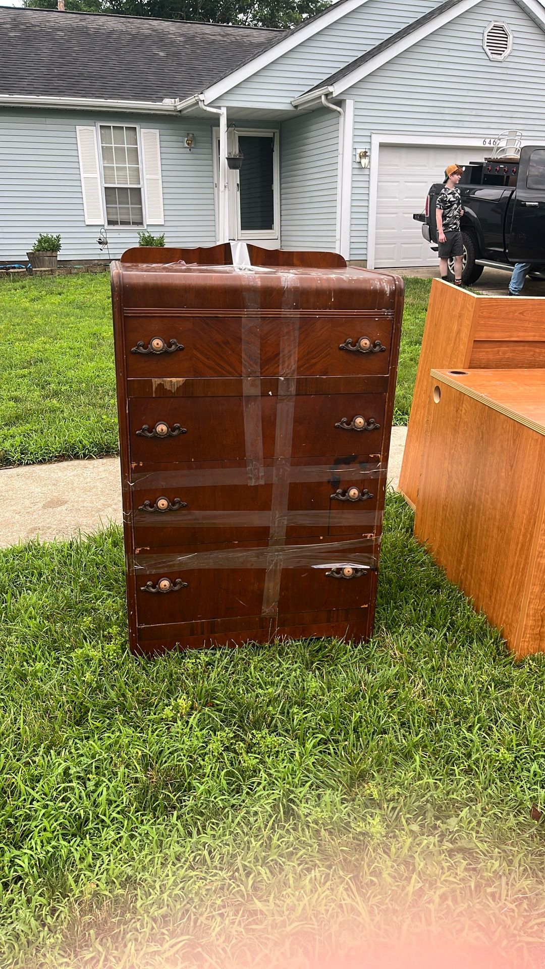 Free old wooden dresser drawers are taped so I could carry it up
