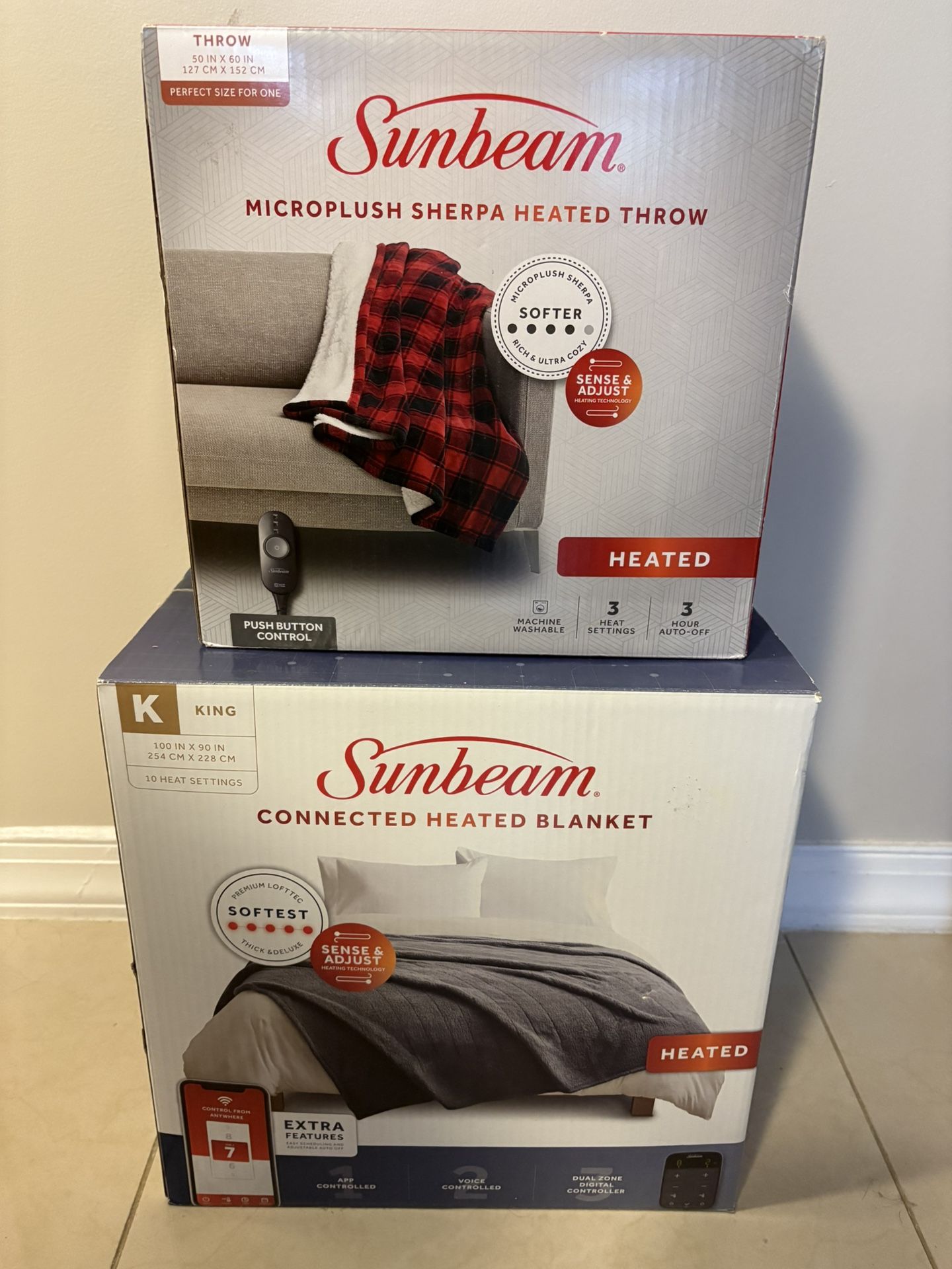 Brand New In Box Sunbeam 1 King + 1 Throw Electric Heated Blanket.     Desk Chair Table End Dresser Mirror Decor Toys Weights.  Possible Delivery!!
