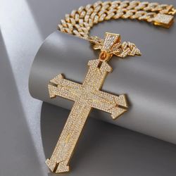 3-Pcs Fully Iced 14K Gold Plated Cubic Zirconia Cross With 20 Inches Chain Pendant Necklace And Bracelet Set 