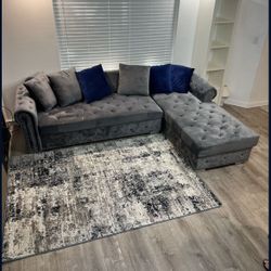 Gray Sectional Sofa Upholstered Velvet Chesterfield Sofa