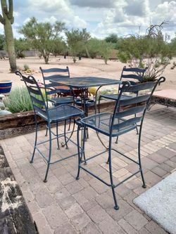 Wrought iron patio table four chairs set umbrella opening high top counter height bar stools