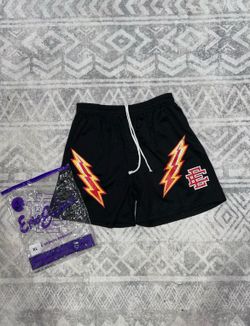 Eric Emanuel black shorts with red & yellow lightning bolt
