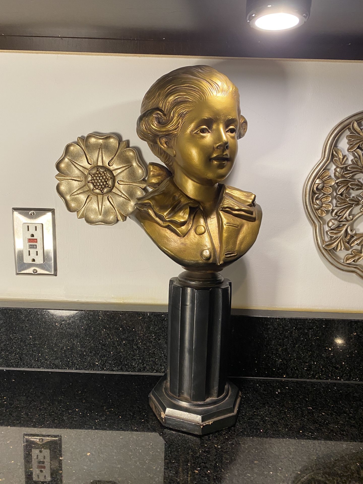 Vintage French Gold Bronze Cast Bust of Boy on Black Base 18”