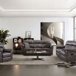 Brand New Dark  Gray Leather 3pc Reclining Sofa Set