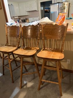 Set of 3 Vintage Oak Swivel Bar Stools - 30” Bar Height