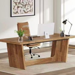 JW0903 70.87-Inch Executive Wood Computer Desk: Large Home Office Desk with Solid Wooden Pedestal, Industrial Study Writing Table, Workstation Busines