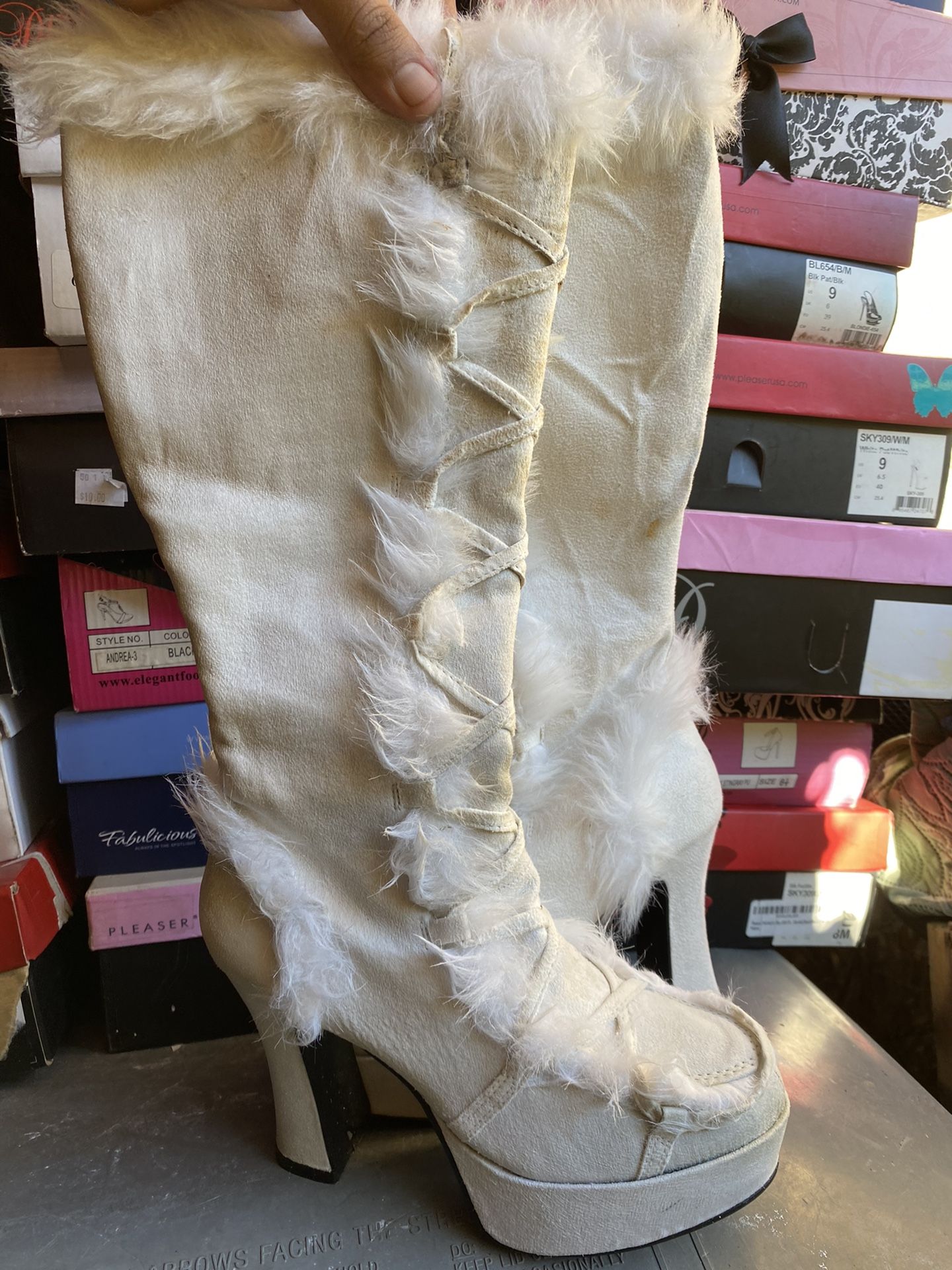 Size 7 Funtasma White Leather With Fur Boots