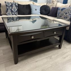 Square Glass-Top Coffee Table with Storage – $120