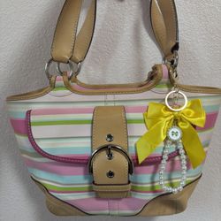 coach nubuck multi pink stripe flap front tote handbag!🥰