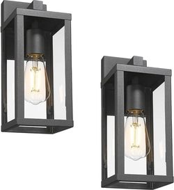 13” 2 Pack Black Outdoor Wall Lantern with Clear Glass & Weather Resistant, Wall Sconces -Retail $90