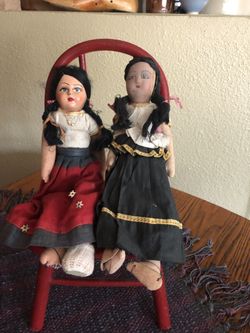 Antique cloth body Indian dolls and chair