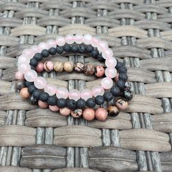 Rhodonite, Lava Stone and Pink Quartz Stretch Bracelets 