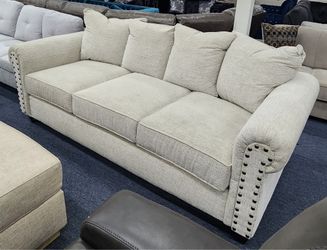 Beautiful White Couch with Silver Accent Studs - Comfy and Deep