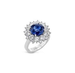 Simon G LR2237 COLOR RING❤️🤙 This bold cocktail ring features a central 4.75 ct blue sapphire surrounded by 2.91 ctw of white diamonds placed in geom