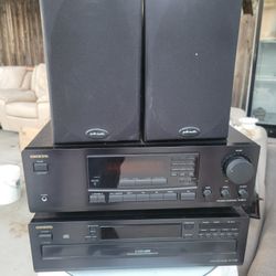 Onkyo Receiver, Cd Player And Pair Of Polk Audio Speakers