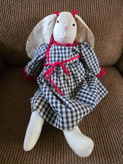 Vintage Primitive Bunny Doll: Gingham Dress, Rustic Country Decoration