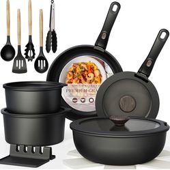 Non Stick RV Pots and Pans Ceramic Kitchen Cookware Set with Detachable/Removable Handle, Oven Safe, Induction Ready, Stackable, Black, 21 pcs