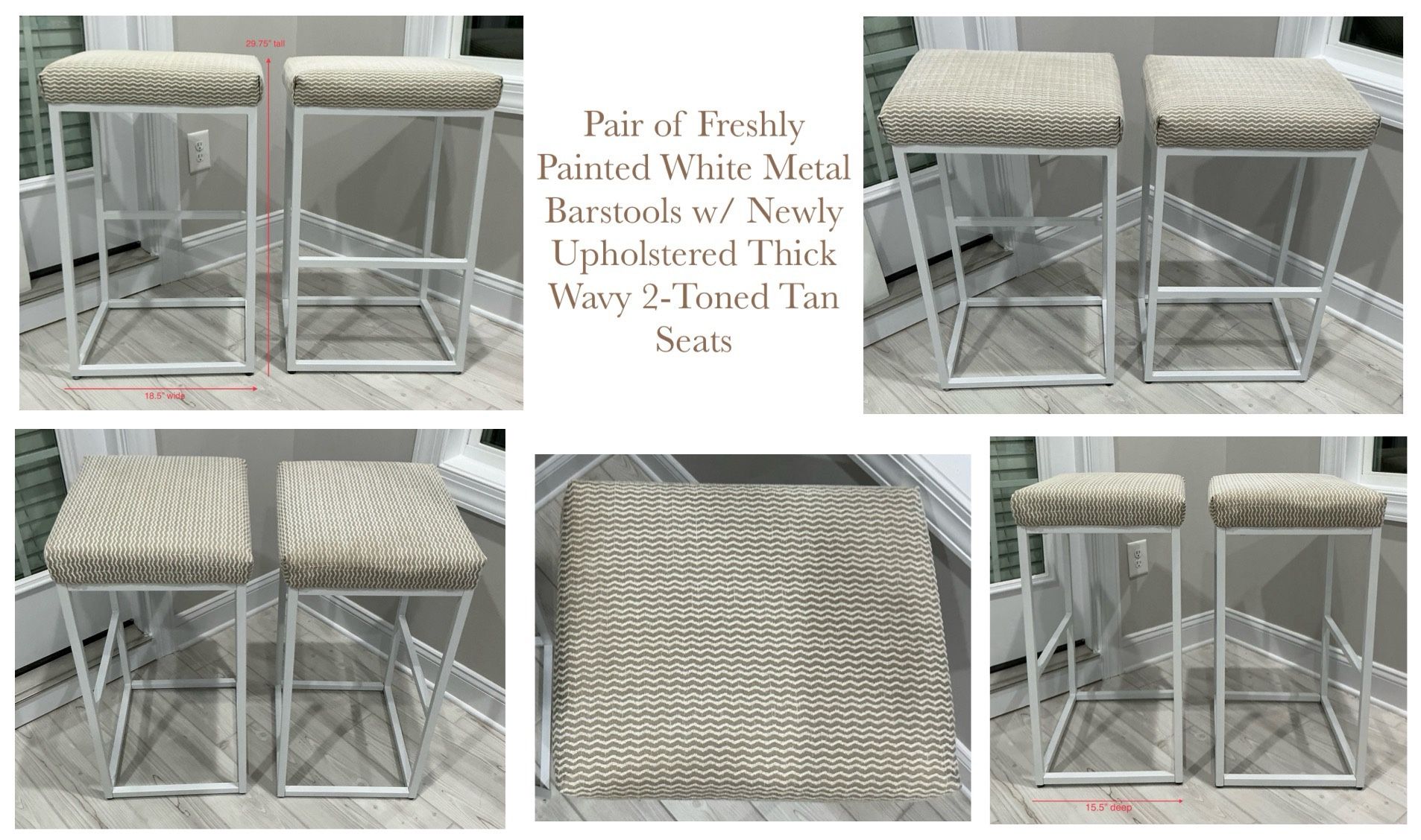Pair of Freshly Painted White Metal Barstools w/ Newly Upholstered Thick Wavy 2-Toned Tan Seats