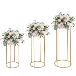 Wedding Flower Stand, 3PCS Round Tall Cylinder Pedestal Flower Holders, Free Standing Removable Gold Metal Plant Rack Column Vases Centerpieces for Pa