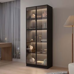 New Luxury 78.7" Display Cabinet with 4 Glass Doors, 5 -Tier Storage Cabinet with LED Lights, Tall Black Bookcase with Storage, Wooden Display Case fo
