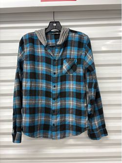 Beverly Hills Polo Club Blue Black Gray Plaid Flannel Hooded Pockets Shirt 14/16