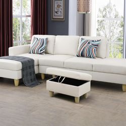 White Leather Sectional Couch And Ottoman