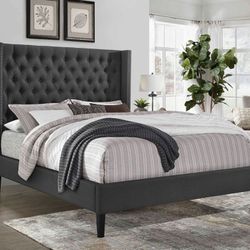 King Size Grey Wingback Tufted Bed W. Orthopedic Mattress 