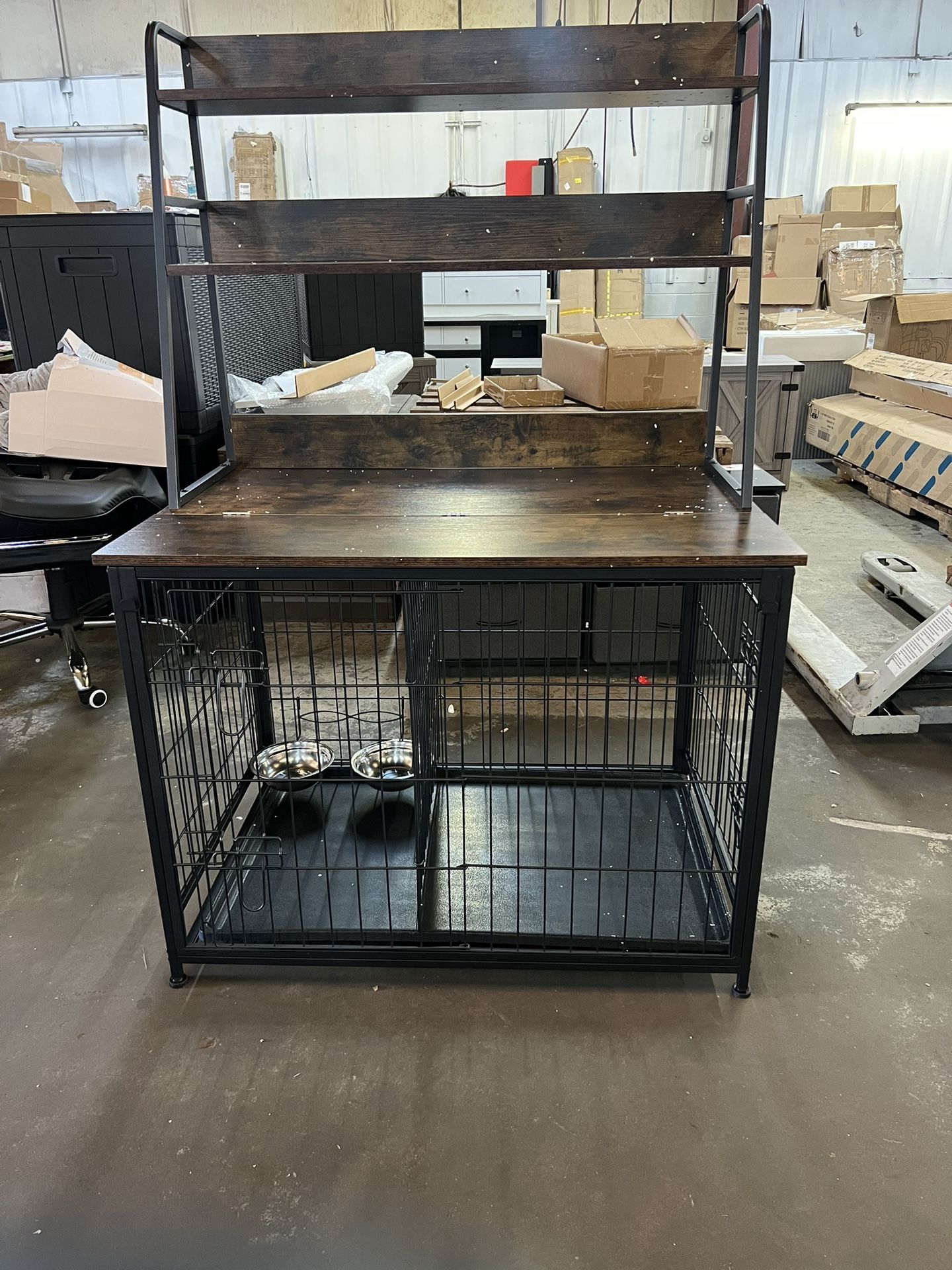 Furniture Style Dog Crate Side Table with Shelves, Equipped with Double Doors and A Raised Roof, Rustic Brown/Grey, 38.58 ''w x 25.5 ''d x 57 ''h $13
