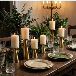 Gold Iron Plate Candle Holder Set of 6, Decorative Iron Pillar Candle Plate 4 & 4.7 & 6.4 Inch Tall, Elegant Candle Stand for LED & Wax Candles, Incen