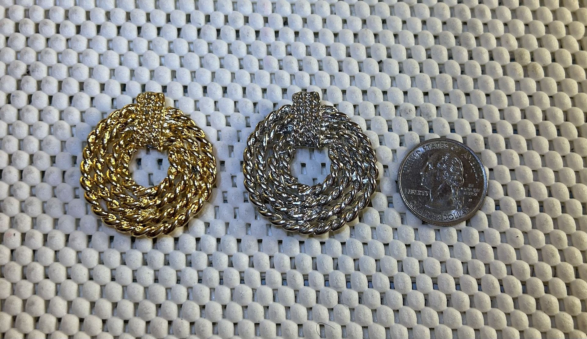 FMN Set Of 2 Rope Trick Pin Silver Tone Gold Tone With Drop Down Loop Signed By E. F. Designs