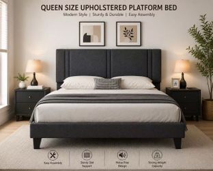 🛏️ Brand New Queen Upholstered Platform Bed – Dark Gray Linen Fabric 🛏️