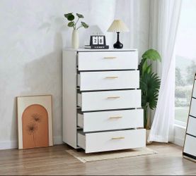 White 5-Drawer Dresser with Gold Handles and Optional Wheels