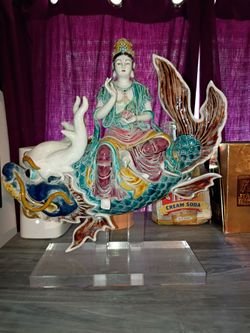 Vintage Ceramic Guanyin Riding Dragon Statue