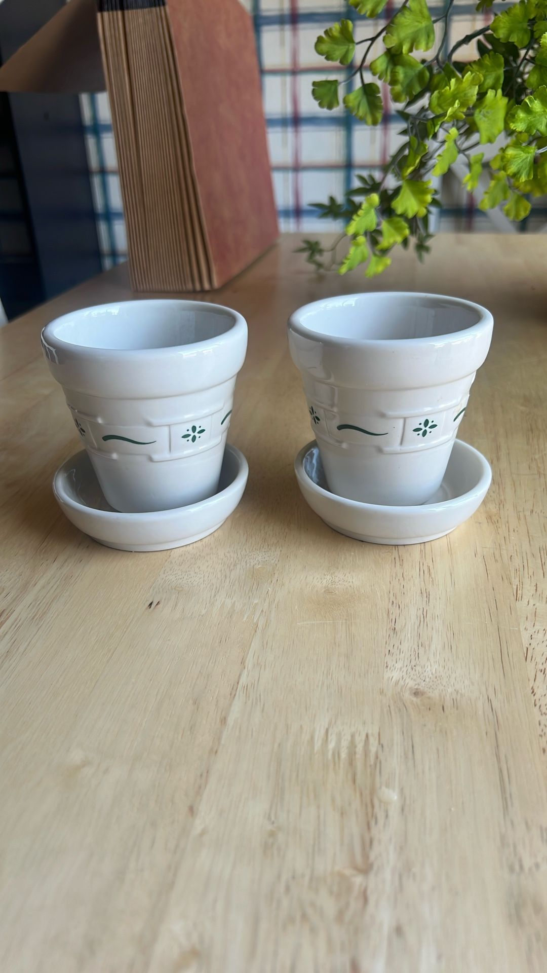 Longaberger , Pottery, Small Planting Pots, Ivory, And Green